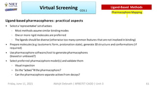 Ligand-based pharmacophores: practical aspects
• Selecta‘representative’setofactives
– Most methods assume similar bindingmodes
– Oneor more rigid molecules are preferred
– The ligands should be diverse (otherwise too many common features that are not involved in binding)
• Prepare molecules (e.g. tautomeric form, protonation state), generate 3Dstructure and conformations (if
required)
• Usepharmacophore software/tool to generate pharmacophores
(biased or unbiased?)
• Select preferred pharmacophore model(s) and validatethem
– Visual inspection
– Do the“actives”fitthepharmacophore?
– Canthe pharmacophore separate activesfrom decoys?
Virtual Screening
Pharmacophore Mapping
Ligand-Based Methods
Friday, June 11, 2021 Abhijit Debnath | BP807ET-CADD | Unit-3 61
CO3.1
 