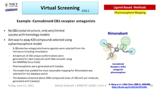 H. Wang et al. J.Med.Chem.2008,51,2439-2446
(http://dx.doi.org/10.1021/jm701519h)
Rimonabant
Cannabinoid
Receptor 1 (CB1)
antagonist
pharmacophore
Example -Cannabinoid CB1 receptor antagonists
• No CB1crystal structure, only very limited
successwith homology models
• Aim was to assay420 compounds selected using
apharmacophore model
– 8 CB1selective antagonists/inverse agonists were selected from the
literature including rimonabant
– Amaximum of 250 unique conformations were
generated for each molecule (with Macromodel using
the MMFF94s force field)
– Pharmacophores were generated with Catalyst.
– Themodel that yielded the most reasonable mapping for Rimonabant was
selected for the databasesearch
– The databasecontained about 500k compounds (max. of 150conf. per molecule,
generated with Catalyst)
Virtual Screening
Pharmacophore Mapping
Ligand-Based Methods
Friday, June 11, 2021 Abhijit Debnath | BP807ET-CADD | Unit-3 66
CO3.1
 