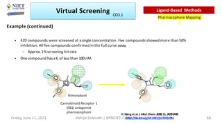 • 420 compounds were screened at asingle concentration. Five compounds showed more than 50%
inhibition. Allfive compounds confirmed in the full curve assay.
– Approx. 1%screening hit rate
• One compound hasaKi of less than 100nM.
Rimonabant
Cannabinoid Receptor 1
(CB1) antagonist
pharmacophore
H. Wang et al. J.Med.Chem.2008,51,2439-2446
(http://dx.doi.org/10.1021/jm701519h)
Example (continued)
Virtual Screening
Pharmacophore Mapping
Ligand-Based Methods
Friday, June 11, 2021 Abhijit Debnath | BP807ET-CADD | Unit-3 68
CO3.1
 