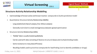 Structure-Activity Relationship Modelling
• Useknowledge of known active and known inactive compounds to build apredictive model
• Quantitative-Structure Activity Relationships (QSARs)
– Longestablished (Hansch analysis,Free-Wilson analysis)
– Generally restricted to small,homogeneous datasets eglead optimisation
• Structure-Activity Relationships (SARs)
– “Activity”datais usuallytreated qualitatively
– Canbe used with data consisting of diverse structural classes and multiple binding modes
– Some resistance to noisy data (HTS data)
– Resulting models used to prioritise compounds for lead finding (not to identify candidates or drugs)
Virtual Screening
Machine learning Methods
Ligand-Based Methods
Friday, June 11, 2021 Abhijit Debnath | BP807ET-CADD | Unit-3 72
CO3.1
 
