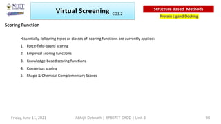 •Essentially, following types or classes of scoring functions are currently applied:
1. Force-field-based scoring
2. Empirical scoring functions
3. Knowledge-based scoring functions
4. Consensus scoring
5. Shape & Chemical Complementary Scores
Scoring Function
Virtual Screening
Protein Ligand Docking
Structure Based Methods
Abhijit Debnath | BP807ET-CADD | Unit-3
Friday, June 11, 2021 98
CO3.2
 