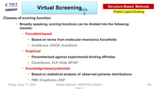 • Broadly speaking, scoring functions can be divided into the following
classes:
• Forcefield-based
• Based on terms from molecular mechanics forcefields
• GoldScore, DOCK, AutoDock
• Empirical
• Parameterised against experimental binding affinities
• ChemScore, PLP, Glide SP/XP
• Knowledge-based potentials
• Based on statistical analysis of observed pairwise distributions
• PMF, DrugScore, ASP
Classes of scoring function
Virtual Screening
Protein Ligand Docking
Structure Based Methods
Abhijit Debnath | BP807ET-CADD |
Friday, June 11, 2021 99
CO3.
2
 