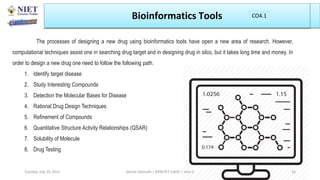 Bioinformatics Tools
The processes of designing a new drug using bioinformatics tools have open a new area of research. However,
computational techniques assist one in searching drug target and in designing drug in silco, but it takes long time and money. In
order to design a new drug one need to follow the following path.
1. Identify target disease
2. Study Interesting Compounds
3. Detection the Molecular Bases for Disease
4. Rational Drug Design Techniques
5. Refinement of Compounds
6. Quantitative Structure Activity Relationships (QSAR)
7. Solubility of Molecule
8. Drug Testing
Abhijit Debnath | BP807ET-CADD | Unit-4
Tuesday, July 20, 2021 16
CO4.1
 
