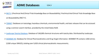  PACT-F. (Preclinical And Clinical Trials Knowledge Base on Bioavailability). Preclinical And Clinical Trials Knowledge Base
on Bioavailability (PACT-F).
 TOXNET. Databases on toxicology, hazardous chemicals, environmental health, and toxic releases that can be accessed
using a common search interface. provided by the Unied States NLM.
 Leadscope Toxicity Database. Database of 160,000 chemical structures with toxicity data. Distributed by Leadscope.
 WOMBAT-PK. Database for Clinical Pharmacokinetics and Drug Target Information. WOMBAT-PK contains 1260 entries
(1260 unique SMILES), totaling over 9,450 clinical pharmacokinetic measurements;
ADME Databases CO3
Abhijit Debnath | BP807ET-CADD | Unit-4
Tuesday, July 20, 2021 61
CO4.3
 