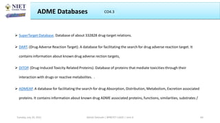  SuperTarget Database. Database of about 332828 drug-target relations.
 DART. (Drug Adverse Reaction Target). A database for facilitating the search for drug adverse reaction target. It
contains information about known drug adverse rection targets,
 DITOP. (Drug-Induced Toxicity Related Proteins). Database of proteins that mediate toxicities through their
interaction with drugs or reactive metabolites. .
 ADMEAP. A database for facilitating the search for drug Absorption, Distribution, Metabolism, Excretion associated
proteins. It contains information about known drug ADME associated proteins, functions, similarities, substrates /
ADME Databases CO3
Abhijit Debnath | BP807ET-CADD | Unit-4
Tuesday, July 20, 2021 64
CO4.3
 