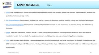  SIDER. (Side Effect Resource). contains information on marketed medicines and their recorded adverse drug reactions. The information is extracted from
public documents and package inserts.
 SAR Genetox Database. Genetic toxicity database to be used as a resource for developing predictive modeling training sets. Distributed by Leadscope.
 SAR Carcinogenicity Database. Carcinogenicity database with validated structures to be used as a resource for preparing training sets. Distributed by
Leadscope.
 HMDB. The Human Metabolome Database (HMDB) is a freely available electronic database containing detailed information about small molecule
metabolites found in the human body. The database contains chemical data, clinical data, and molecular biology/biochemistry data.
 t3db. (Toxin and Toxin Target Database). Combines detailed toxin data with comprehensive toxin target information. The database currently houses over
2900 toxins described by over 34 200 synonyms, including pollutants, pesticides, drugs, and food toxins, which are linked to over 1300 corresponding toxin
target records.
ADME Databases CO3
Abhijit Debnath | BP807ET-CADD | Unit-4
Tuesday, July 20, 2021 65
CO4.3
 