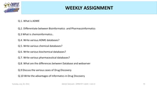 WEEKLY ASSIGNMENT
Q.1. What is ADME
Q.2. Differentiate between Bioinformatics and Pharmacoinformatics
Q.3 What is chemoinformatics..
Q.4. Write various ADME databases?
Q.5. Write various chemical databases?
Q.6. Write various biochemical databases?
Q.7. Write various pharmaceutical databases?
Q.8. What are the differences between Database and webserver
Q.9 Discuss the various cases of Drug Discovery
Q.10 Write the advantages of Informatics in Drug Discovery
Abhijit Debnath | BP807ET-CADD | Unit-4
Tuesday, July 20, 2021 74
 