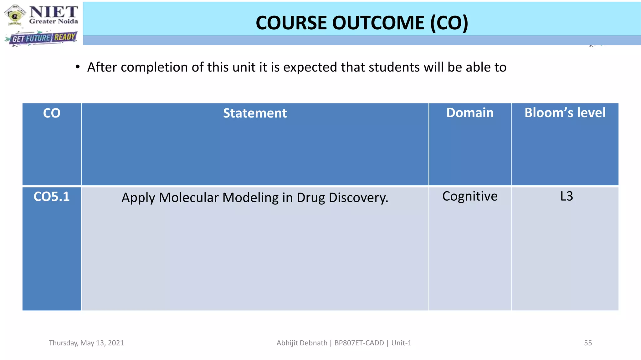 COURSE OUTCOME (CO)
Thursday, May 13, 2021 Abhijit Debnath | BP807ET-CADD | Unit-1 5
CO Statement Domain Bloom’s level
CO5.1 Apply Molecular Modeling in Drug Discovery. Cognitive L3
• After completion of this unit it is expected that students will be able to
5
 