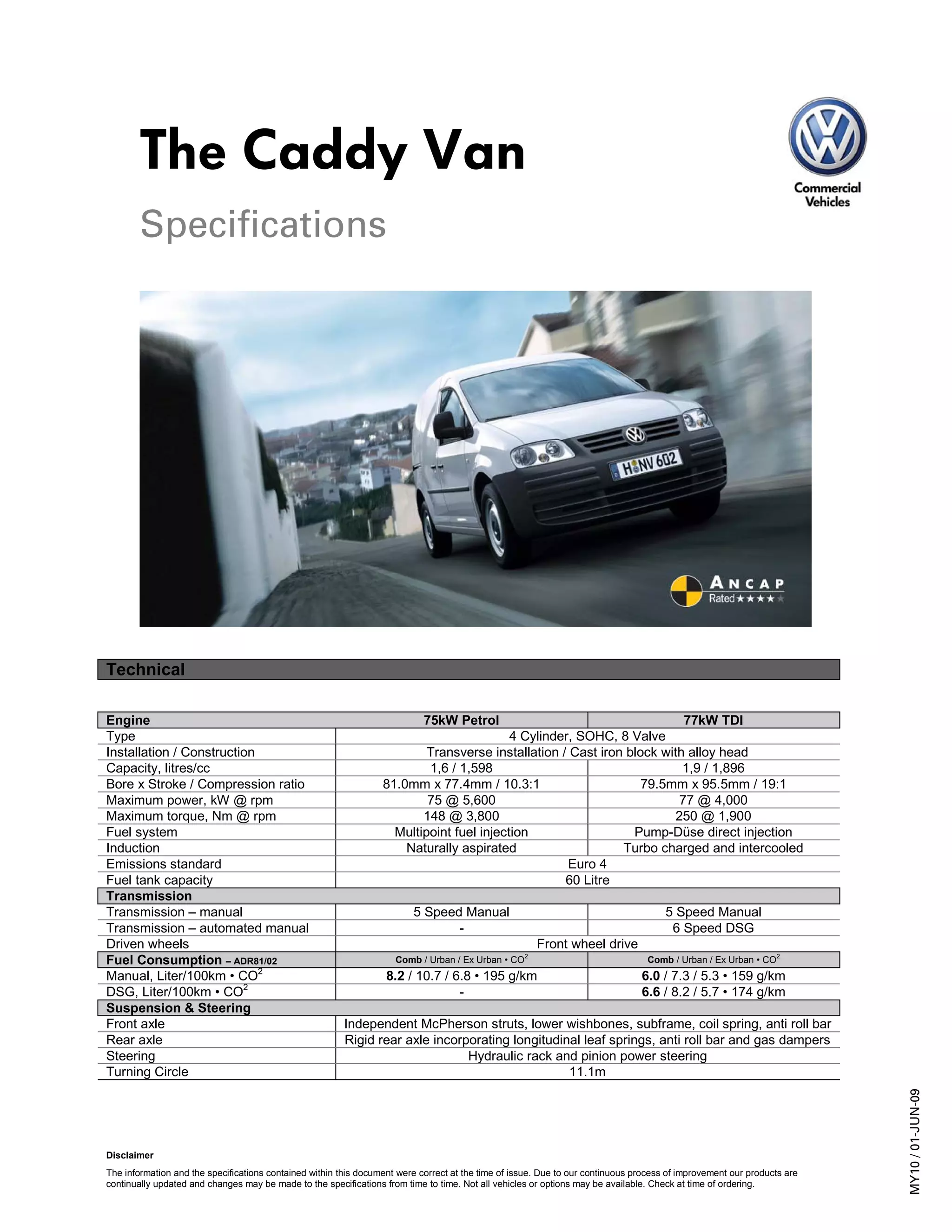 Caddy Van specifications Volkswagen Australia PDF
