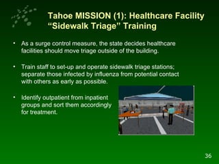 Tahoe MISSION (1): Healthcare Facility “Sidewalk Triage” Training As a surge control measure, the state decides healthcare facilities should move triage outside of the building.  Train staff to set-up and operate sidewalk triage stations; separate those infected by influenza from potential contact with others as early as possible.  Identify outpatient from inpatient  groups and sort them accordingly  for treatment. 36 
