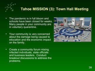 Tahoe MISSION (3): Town Hall Meeting The pandemic is in full bloom and schools have been closed for weeks. Many people in your community are in voluntary quarantine.  Your community is very concerned about the damage being caused to education and the economic impact on the family.  Create a community forum mixing infected individuals, state officials and business leaders.  Conduct breakout discussions to address the problems.  38 