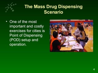 The Mass Drug Dispensing Scenario One of the most important and costly exercises for cities is Point of Dispensing (POD) setup and operation. 4 