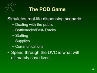 The POD Game Simulates real-life dispensing scenario: Dealing with the public Bottlenecks/Fast-Tracks Staffing Supplies Communications Speed through the DVC is what will ultimately save lives 6 