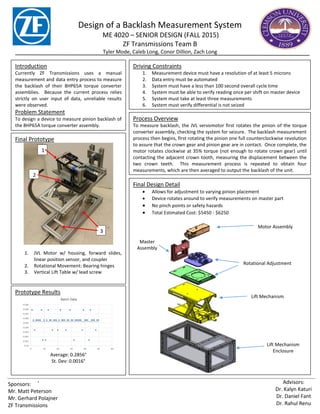 Design of a Backlash Measurement System
ME 4020 – SENIOR DESIGN (FALL 2015)
ZF Transmissions Team B
Tyler Mode, Caleb Long, Conor Dillion, Zach Long
Advisors:
Dr. Kalyn Katuri
Dr. Daniel Fant
Dr. Rahul Renu
Sponsors:
Mr. Matt Peterson
Mr. Gerhard Polajner
ZF Transmissions
,
Introduction
Currently ZF Transmissions uses a manual
measurement and data entry process to measure
the backlash of their 8HP65A torque converter
assemblies. Because the current process relies
strictly on user input of data, unreliable results
were observed.
Problem Statement
To design a device to measure pinion backlash of
the 8HP65A torque converter assembly.
Driving Constraints
1. Measurement device must have a resolution of at least 5 microns
2. Data entry must be automated
3. System must have a less than 100 second overall cycle time
4. System must be able to verify reading once per shift on master device
5. System must take at least three measurements
6. System must verify differential is not seized
Final Prototype
1. JVL Motor w/ housing, forward slides,
linear position sensor, and coupler
2. Rotational Movement: Bearing hinges
3. Vertical Lift Table w/ lead screw
Final Design Detail
 Allows for adjustment to varying pinion placement
 Device rotates around to verify measurements on master part
 No pinch points or safety hazards
 Total Estimated Cost: $5450 - $6250
Motor Assembly
Master
Assembly
Lift Mechanism
Lift Mechanism
Enclosure
Rotational Adjustment
Prototype Results
Average: 0.2856°
St. Dev: 0.0016°
3
1
2
Process Overview
To measure backlash, the JVL servomotor first rotates the pinion of the torque
converter assembly, checking the system for seizure. The backlash measurement
process then begins, first rotating the pinion one full counterclockwise revolution
to assure that the crown gear and pinion gear are in contact. Once complete, the
motor rotates clockwise at 35% torque (not enough to rotate crown gear) until
contacting the adjacent crown tooth, measuring the displacement between the
two crown teeth. This measurement process is repeated to obtain four
measurements, which are then averaged to output the backlash of the unit.
 