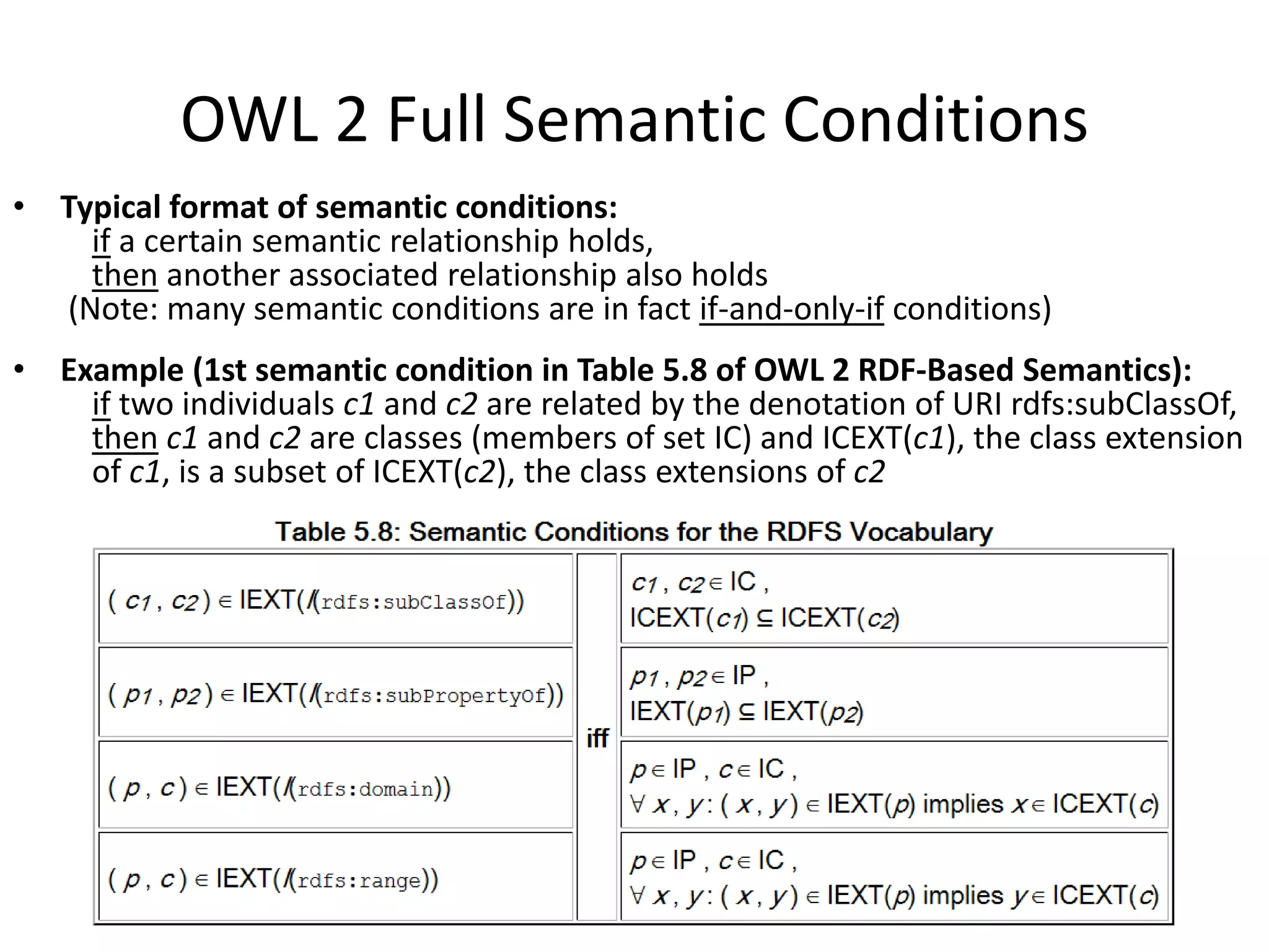OWL 2 Full Semantic Conditions
•   Typical format of semantic conditions:
      if a certain semantic relationship holds,
      then another associated relationship also holds
    (Note: many semantic conditions are in fact if-and-only-if conditions)
•   Example (1st semantic condition in Table 5.8 of OWL 2 RDF-Based Semantics):
      if two individuals c1 and c2 are related by the denotation of URI rdfs:subClassOf,
      then c1 and c2 are classes (members of set IC) and ICEXT(c1), the class extension
      of c1, is a subset of ICEXT(c2), the class extensions of c2
 