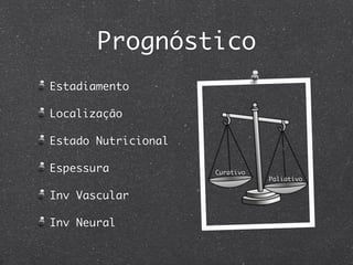 Prognóstico
Estadiamento
Localização
Estado Nutricional
Espessura
Inv Vascular
Inv Neural
Curativo
Paliativo
 