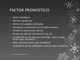 FACTOR PRONOSTICO
American Cancer Society; 2012
 Grado histológico
 Afección ganglionar
 Número de ganglios afectados
 Ulceración o perforación de la lesión primaria
 Invasión a estructuras vecinas
 Niveles de ACE por encima de 5 ng /ml
 Localización de las lesiones primarias: recto y ciego
tienen peor pronóstico
 Edad: jóvenes tienen peor pronóstico
 Localización de las metástasis: pulmón peor pronóstico
 