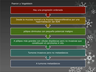 A tumores metastásicos
Tumores invasivos pero no metastásicos
A pólipos más grandes con células displásicas pero no invasivas que
constituyen el carcinoma in situ
pólipos diminutos con pequeño potencial maligno
Desde la mucosa normal a la mucosa hiperproliferativa por una
hipermetilación del ADN
Fearon y Vogelstein
Hay una progresión ordenada
 