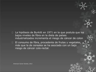 La hipótesis de Burkitt en 1971 en la que postula que los
bajos niveles de fibra en la dieta de países
industrializados incrementa el riesgo de cáncer de colon
El consumo de fibra, procedente de frutas y vegetales,
más que la de cereales se ha asociado con un bajo
riesgo de cáncer colo-rectal.
American Cancer Society; 2012
 