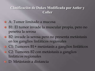 A: Tumor limitado a mucosa
B1: El tumor invade la muscular propia, pero no
penetra la serosa
B2: invade la serosa pero no presenta metástasis
en los ganglios linfáticos regionales
C1: Tumores B1+ metástasis a ganglios linfáticos
C2: Tumores B2 con metástasis a ganglios
linfáticos regionales
D: Metástasis a distancia
Clasificación de Dukes Modificada por Astler y
Coller
 