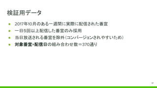 検証用データ
● 2017年10月のある一週間に実際に配信された番宣
● 一日５回以上配信した番宣のみ採用
● 当日放送される番宣を除外（コンバージョンされやすいため）
● 対象番宣×配信日の組み合わせ数＝370通り
17
 