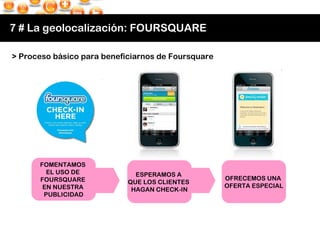 7 # La geolocalización: FOURSQUARE FOMENTAMOS  EL USO DE  FOURSQUARE  EN NUESTRA  PUBLICIDAD ESPERAMOS A  QUE LOS CLIENTES...