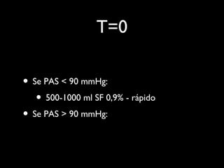 T=0
• Se PAS < 90 mmHg:
• 500-1000 ml SF 0,9% - rápido
• Se PAS > 90 mmHg:
 