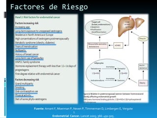 Factores de Riesgo Fuente:  Amant F, Moerman P, Neven P, Timmerman D, Limbergen E, Vergote I.  Endometrial  Cancer.  Lancet 2005; 366: 491-505. 