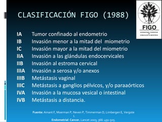 CLASIFICACIÓN FIGO (1988) IA Tumor confinado al endometrio IB   Invasión menor a la mitad del  miometrio IC Invasión mayor a la mitad del miometrio IIA Invasión a las glándulas endocervicales IIB   Invasión al estroma cervical IIIA   Invasión a serosa y/o anexos IIIB   Metástasis vaginal IIIC   Metástasis a ganglios pélvicos, y/o paraaórticos IVA   Invasión a la mucosa vesical o intestinal IVB   Metástasis a distancia. Fuente:  Amant F, Moerman P, Neven P, Timmerman D, Limbergen E, Vergote I.  Endometrial  Cancer.  Lancet 2005; 366: 491-505. 