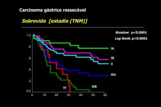 Carcinoma gástrico ressecável

 Sobrevida [estadio (TNM)]

                                                       Breslow: p<0.0001
   1,0
                                                       Log Rank: p<0.0001

    ,8
                                                  IA


    ,6                                            IB
                                                  II
    ,4
                                                  IIIA
    ,2

                       IV             IIIB
   0,0
         0   10   20        30   40   50     60
 