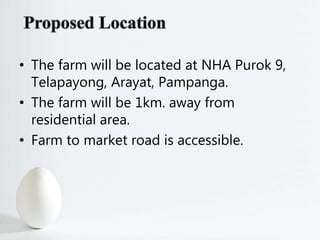 • The farm will be located at NHA Purok 9,
Telapayong, Arayat, Pampanga.
• The farm will be 1km. away from
residential area.
• Farm to market road is accessible.
 