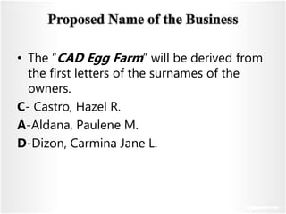 • The “CAD Egg Farm” will be derived from
the first letters of the surnames of the
owners.
C- Castro, Hazel R.
A-Aldana, Paulene M.
D-Dizon, Carmina Jane L.
 