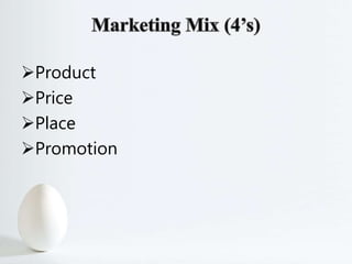 Product
Price
Place
Promotion
 