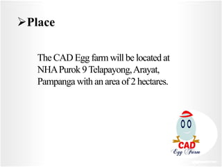 Place
The CAD Egg farm will be located at
NHAPurok 9Telapayong,Arayat,
Pampanga with an area of 2 hectares.
 