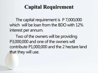 The capital requirement is P 7,000,000
which will be loan from the BDO with 12%
interest per annum.
Two of the owners will be providing
P3,000,000 and one of the owners will
contribute P1,000,000 and the 2 hectare land
that they will use.
 