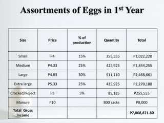 Size Price
% of
production
Quantity Total
Small P4 15% 255,555 P1,022,220
Medium P4.33 25% 425,925 P1,844,255
Large P4.83 30% 511,110 P2,468,661
Extra large P5.33 25% 425,925 P2,270,180
Cracked/Reject P3 5% 85,185 P255,555
Manure P10 800 sacks P8,000
Total Gross
Income
P7,868,871.80
 