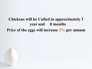 Chickens will be Culled in approximately 1
year and 8 months
Price of the eggs will increase 2% per annum
 