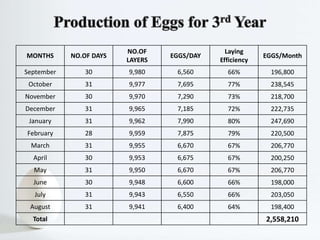 MONTHS NO.OF DAYS
NO.OF
LAYERS
EGGS/DAY
Laying
Efficiency
EGGS/Month
September 30 9,980 6,560 66% 196,800
October 31 9,977 7,695 77% 238,545
November 30 9,970 7,290 73% 218,700
December 31 9,965 7,185 72% 222,735
January 31 9,962 7,990 80% 247,690
February 28 9,959 7,875 79% 220,500
March 31 9,955 6,670 67% 206,770
April 30 9,953 6,675 67% 200,250
May 31 9,950 6,670 67% 206,770
June 30 9,948 6,600 66% 198,000
July 31 9,943 6,550 66% 203,050
August 31 9,941 6,400 64% 198,400
Total 2,558,210
 