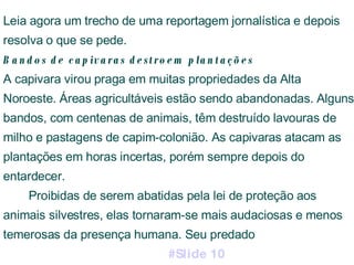 Leia agora um trecho de uma reportagem jornalística e depois resolva o que se pede. Bandos de capivaras destroem plantações A capivara virou praga em muitas propriedades da Alta Noroeste. Áreas agricultáveis estão sendo abandonadas. Alguns bandos, com centenas de animais, têm destruído lavouras de milho e pastagens de capim-colonião. As capivaras atacam as plantações em horas incertas, porém sempre depois do entardecer. Proibidas de serem abatidas pela lei de proteção aos animais silvestres, elas tornaram-se mais audaciosas e menos temerosas da presença humana. Seu predado #Slide 10 