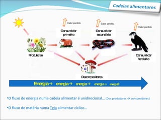 Energia     energia     energia     energia     energia… O fluxo de energia numa cadeia alimentar é unidirecional…  (Dos produtores    consumidores) O fluxo de matéria numa  Teia  alimentar cíclico… Calor perdido Calor perdido Calor perdido Produtores Consumidor primário Consumidor terciário Consumidor secundário Decompositores 