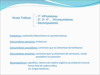 Níveis Tróficos 1º   Produtores 2º, 3º, 4º…   Consumidores Decompositores Produtores:  autótrofos (fotossíntese ou quimiossíntese) Consumidores primários:  herbívoros Consumidores secundários:  carnívoros que se alimentam de herbívoros Consumidores terciários:  carnívoros que se alimentam de carnívoros, sendo  predadores ou parasitas Decompositores:  saprófitas, retorno da matéria orgânica ao ambiente mineral.    Termo final da cadeia trófica.   ex: fungos bactérias.. 