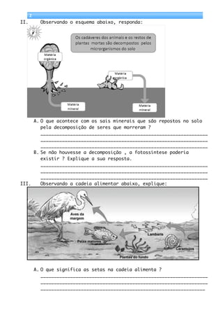           2	
  
       II.             Observando o esquema abaixo, responda:




            A. O que acontece com os sais minerais que são repostos no solo
               pela decomposição de seres que morreram ?
               ______________________________________________________________
               ______________________________________________________________
               ______________________________________________________________
            B. Se não houvesse a decomposição , a fotossíntese poderia
               existir ? Explique a sua resposta.
               ______________________________________________________________
               ______________________________________________________________
               ______________________________________________________________
       III.    Observando a cadeia alimentar abaixo, explique:




                     A. O que significa as setas na cadeia alimenta ?
                        ______________________________________________________________
                        ______________________________________________________________
                        _____________________________________________________________

	
  
 