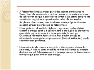 __________________________
 A fotossíntese inicia a maior parte das cadeias alimentares na
  Terra. Sem ela, os animais e muitos outros seres seriam incapazes
  de sobreviver porque a base da sua alimentação estará sempre nas
  substâncias orgânicas proporcionadas pelas plantas verdes.
 As plantas não comem, mas produzem o seu próprio alimento
  (açúcar) através do processo da fotossíntese.
 Os organismos clorofilados (plantas, algas e certas bactérias)
  captam a energia solar e a utilizam para a produção de elementos
  essenciais, portanto o sol é a fonte primária de energia.
  Os animais não fazem fotossíntese, mas obtém energia se
  alimentando de organismos produtores (fotossintetizantes) ou de
  consumidores primários.

   Na respiração ela consome oxigênio e libera gás carbônico do
    ambiente, A vida na terra depende no final das contas da energia
    derivada do sol. A fotossíntese é o único processo de importância
    biológica que pode colher esta energia.
 