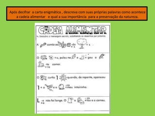 Após decifrar a carta enigmática , descreva com suas próprias palavras como acontece
a cadeia alimentar e qual a sua importância para a preservação da natureza.
 