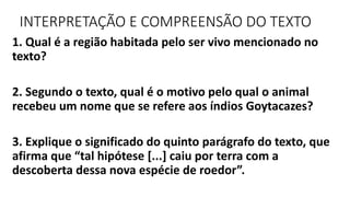 INTERPRETAÇÃO E COMPREENSÃO DO TEXTO
1. Qual é a região habitada pelo ser vivo mencionado no
texto?
2. Segundo o texto, qual é o motivo pelo qual o animal
recebeu um nome que se refere aos índios Goytacazes?
3. Explique o significado do quinto parágrafo do texto, que
afirma que “tal hipótese [...] caiu por terra com a
descoberta dessa nova espécie de roedor”.
 