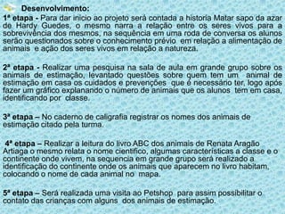 Desenvolvimento:
1ª etapa - Para dar inicio ao projeto será contada a historia Matar sapo da azar
de Hardy Guedes, o mesmo narra a relação entre os seres vivos para a
sobrevivência dos mesmos, na sequência em uma roda de conversa os alunos
serão questionados sobre o conhecimento prévio em relação a alimentação de
animais e ação dos seres vivos em relação a natureza.
2ª etapa - Realizar uma pesquisa na sala de aula em grande grupo sobre os
animais de estimação, levantado questões sobre quem tem um animal de
estimação em casa os cuidados e prevenções que é necessário ter, logo após
fazer um gráfico explanando o número de animais que os alunos tem em casa,
identificando por classe.
3ª etapa – No caderno de caligrafia registrar os nomes dos animais de
estimação citado pela turma.
4ª etapa – Realizar a leitura do livro ABC dos animais de Renata Aragão
Artiaga o mesmo relata o nome cientifico, algumas características a classe e o
continente onde vivem, na sequencia em grande grupo será realizado a
identificação do continente onde os animais que aparecem no livro habitam,
colocando o nome de cada animal no mapa.
5ª etapa – Será realizada uma visita ao Petshop para assim possibilitar o
contato das crianças com alguns dos animais de estimação.

 