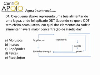 Agora é com você.....
04. O esquema abaixo representa uma teia alimentar de
uma lagoa, onde foi aplicado DDT. Sabendo-se que o DDT
tem efeito acumulativo, em qual dos elementos da cadeia
alimentar haverá maior concentração de inseticida?


a) Moluscos           fitoplâncton         copépodes

b) Insetos                                             Insetos
c) Copépodes
                      Bactérias e fungos                 peixes
d) Peixes
e) fitoplânton
 