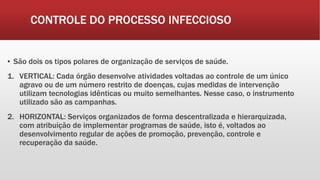 CONTROLE DO PROCESSO INFECCIOSO
▪ São dois os tipos polares de organização de serviços de saúde.
1. VERTICAL: Cada órgão desenvolve atividades voltadas ao controle de um único
agravo ou de um número restrito de doenças, cujas medidas de intervenção
utilizam tecnologias idênticas ou muito semelhantes. Nesse caso, o instrumento
utilizado são as campanhas.
2. HORIZONTAL: Serviços organizados de forma descentralizada e hierarquizada,
com atribuição de implementar programas de saúde, isto é, voltados ao
desenvolvimento regular de ações de promoção, prevenção, controle e
recuperação da saúde.
 
