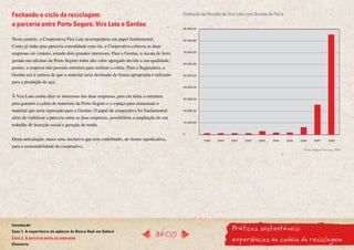 Fechando o ciclo da reciclagem:                                                          Evolução da Receita da Vira Lata com Sucata de Ferro

a parceria entre Porto Seguro, Vira Lata e Gerdau
                                                                                         90.000,00


Neste cenário, a Cooperativa Vira Lata desempenhou um papel fundamental.                 80.000,00

Como já tinha uma parceria consolidada com ela, a Cooperativa colocou as duas
empresas em contato, unindo dois grandes interesses. Para a Gerdau, a sucata de ferro    70.000,00

gerada nas oficinas da Porto Seguro tinha alto valor agregado devido a sua qualidade,
                                                                                         60.000,00
porém, a empresa não possuía estrutura para realizar a coleta. Para a Seguradora, a
Gerdau era a certeza de que o material seria destinado de forma apropriada e utilizado   50.000,00

para a produção de aço.
                                                                                         40.000,00


À Vira Lata coube aliar os interesses das duas empresas, pois ela tinha a estrutura
                                                                                         30.000,00
para garantir a coleta de materiais da Porto Seguro e o espaço para armazenar o
material que seria repassado para a Gerdau. O papel da cooperativa foi fundamental:      20.000,00

além de viabilizar a parceria entre as duas empresas, possibilitou a ampliação do seu
trabalho de inserção social e geração de renda.
                                                                                         10.000,00


                                                                                         0
Desta articulação, nasce uma iniciativa que tem contribuído, de forma significativa,                 1999   2000   2001   2002   2003   2004    2005   2006      2007        2008

para a sustentabilidade da cooperativa.
                                                                                                                                                         Fonte: Projeto Vira Lata, 2009




                                                                                                                   Práticas sustentáveis:
Introdução
Caso 1. A experiência da agência do Banco Real em Sabará
                                                                               InícIO
Caso 2. A parceria entre as empresas
Glossário
                                                                                                                   experiências na cadeia da reciclagem
 