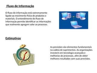 Fluxo de Informação
O fluxo de informação está extremamente
ligado ao movimento físico de produtos e
materiais. O entendimento do fluxo de
informação permite identificar as informações
que realmente agregam valor ao processo.
Estimativas
As previsões são elementos fundamentais
na cadeia de suprimentos. As organizações
investem em tecnologia avançada e
melhorias de processos, afim de obter
melhores resultados com suas previsões.
 